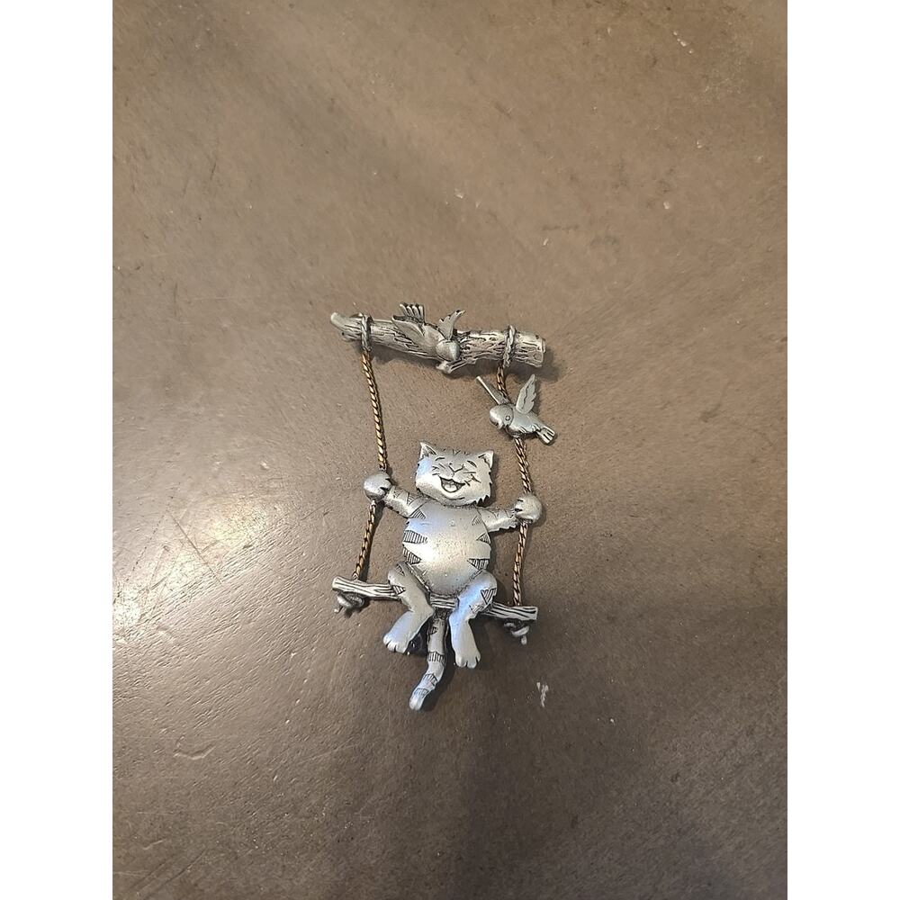 Vintage Pewter Swing Cat Pin Brooch Pewter JJ Jonette Swinging Cat Birds Pin